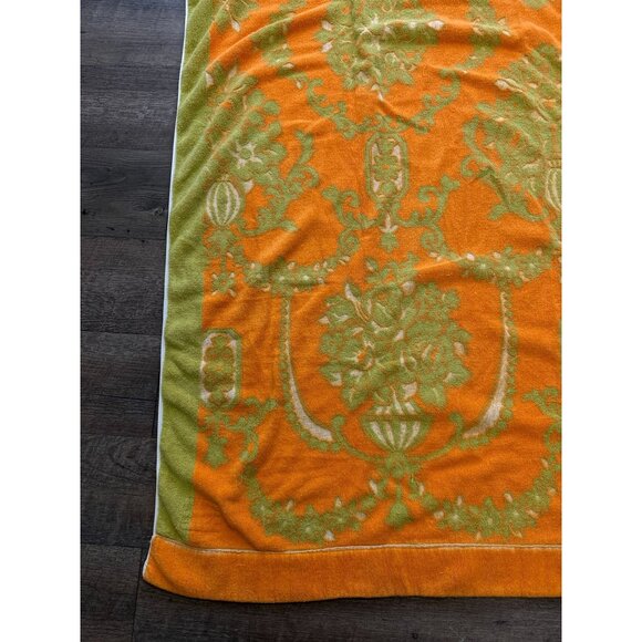 Vtg 70s Mitsukoshi Neon Orange Green Damask Terrycloth Beach Towel Blanket 52x66 - Picture 7 of 8